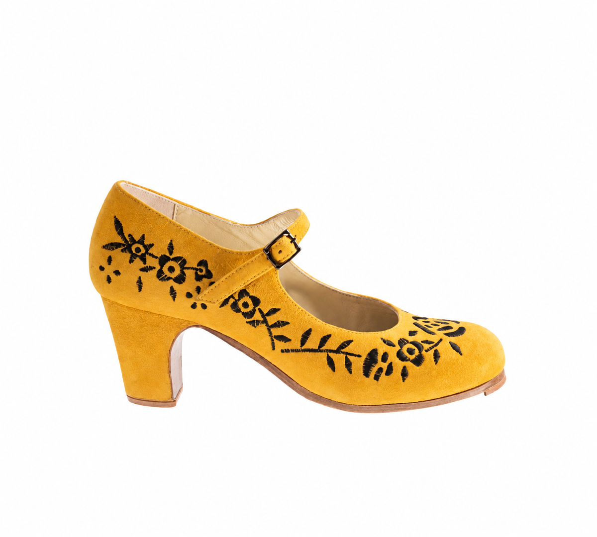 Bordado Correa I jaune — broderies florales noires – chaussures de flamenco Begoña Cervera