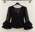 Blouse MAEVA Noir, dentelle florale, col en V et manches à doubles volants – tenue de flamenco