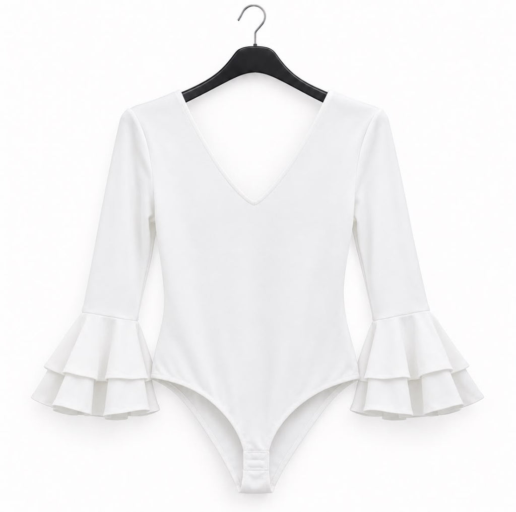 Body enfant BLANCA blanc, encolure en V et doubles volants au bas des manches – tenue de flamenco