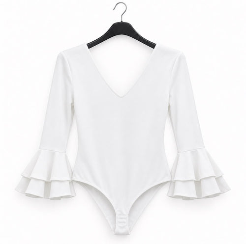 Body enfant BLANCA blanc, encolure en V et doubles volants au bas des manches – tenue de flamenco