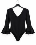 Body enfant BLANCA noir, encolure en V et doubles volants au bas des manches – tenue de flamenco