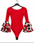 Body Esmeralda rouge à doubles volants fleuris et pois noirs – tenue de flamenco