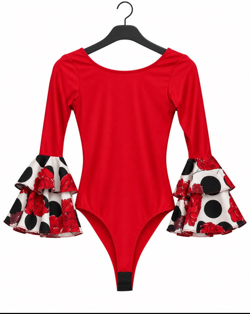 Body Esmeralda rouge à doubles volants fleuris et pois noirs – tenue de flamenco