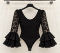 Body ROSA Noir, dentelle florale, encolure arrondie et manches à doubles volants – tenue de flamenco