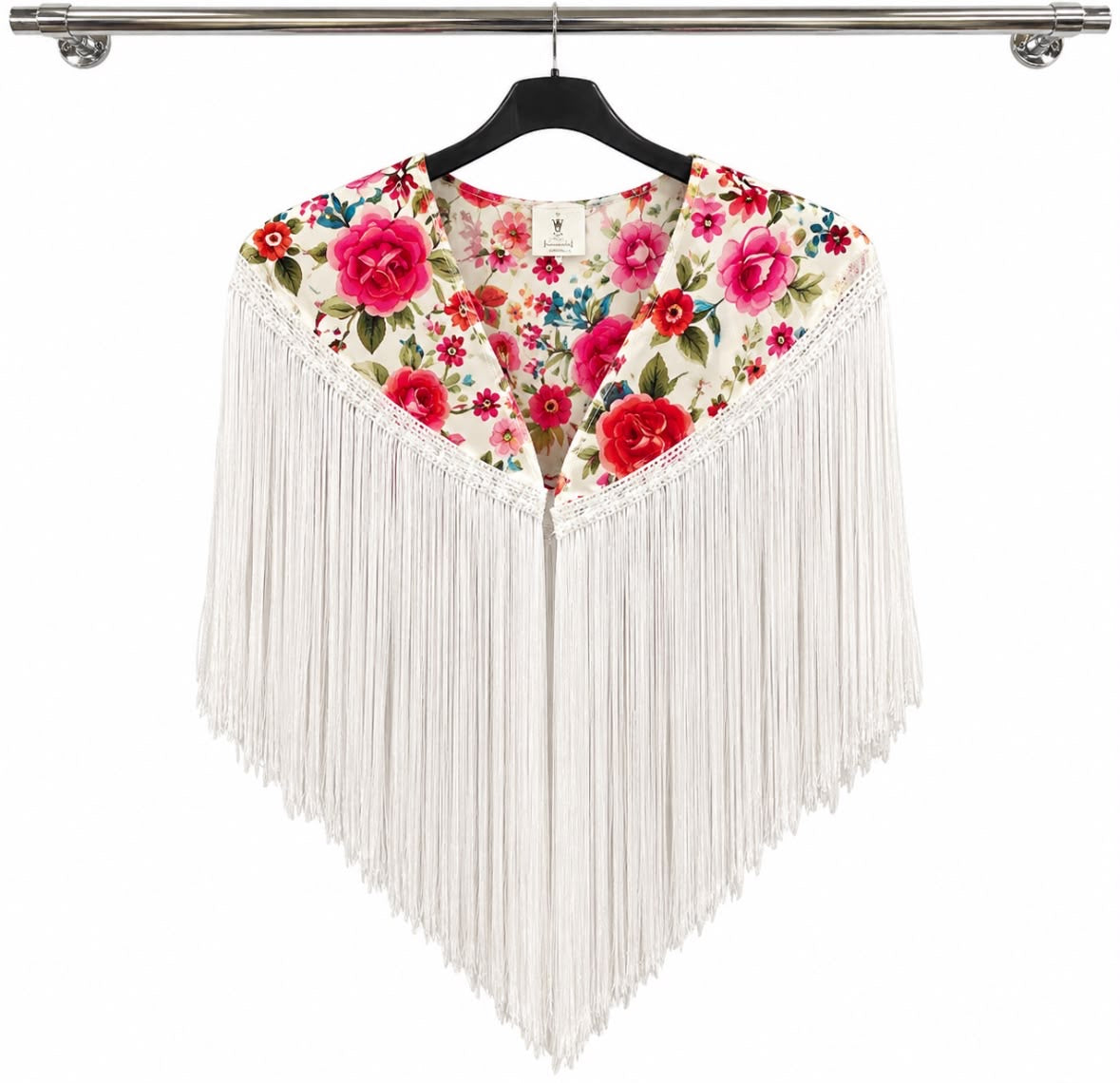 Cape ALICIA blanche fleurie, fleurs roses et rouges, longues franges blanches – tenue de flamenco