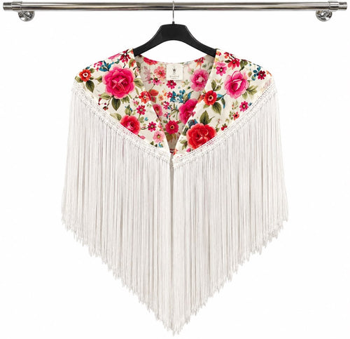 Cape ALICIA blanche fleurie, fleurs roses et rouges, longues franges blanches – tenue de flamenco