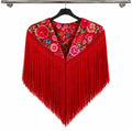 Cape ISABELLA rouge à imprimé floral multicolore et longues franges rouges – tenue de flamenco