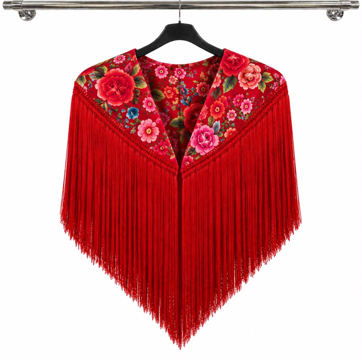 Cape ISABELLA rouge à imprimé floral multicolore et longues franges rouges – tenue de flamenco
