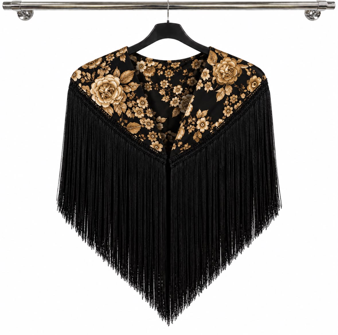 Cape MARTA noire à fleurs dorées et longues franges noires – tenue de flamenco