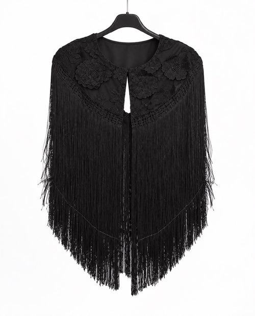 Cape Mercedes Noir à fleurs ton sur ton et franges – tenue de flamenco