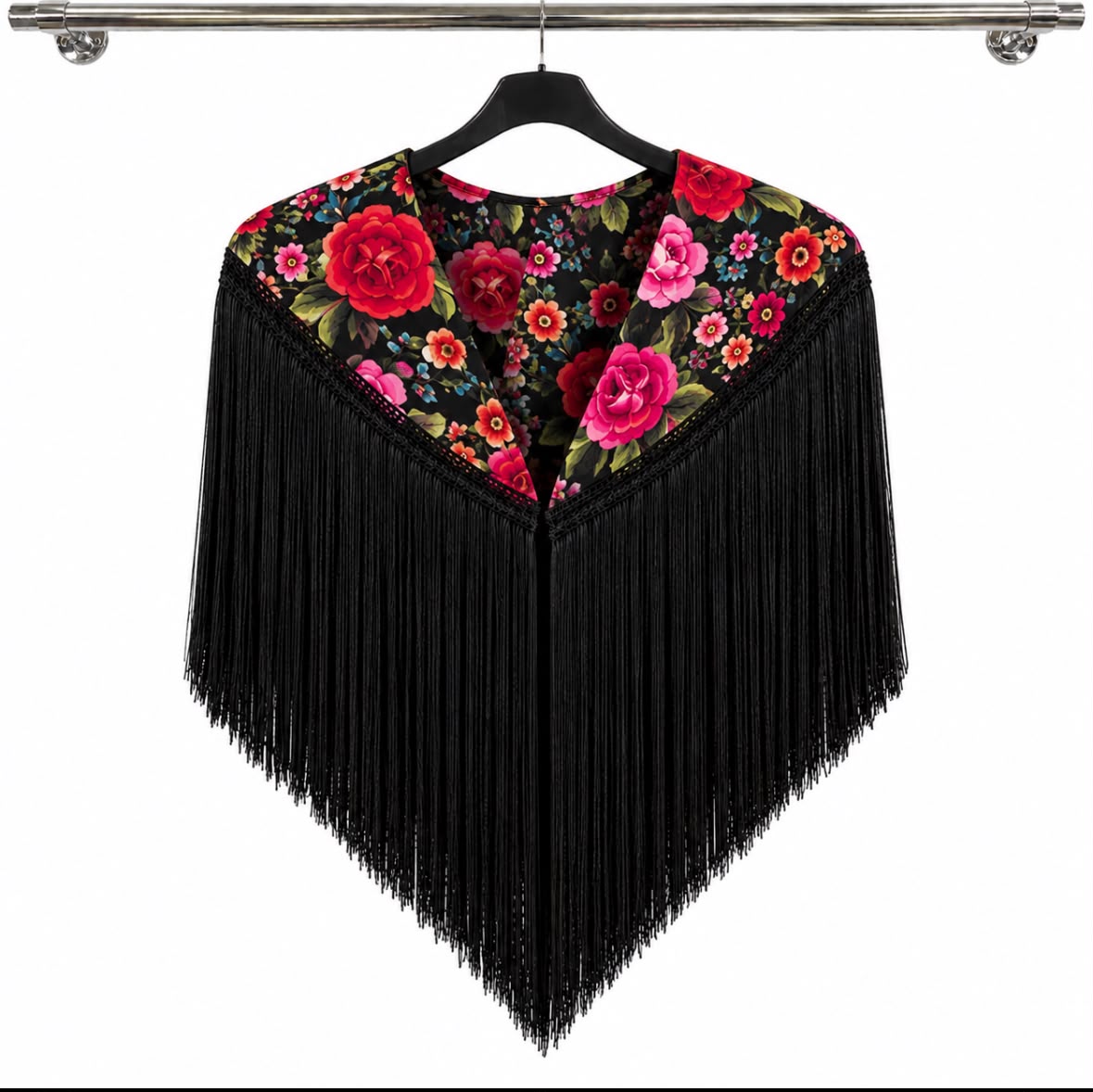 Cape PALOMA noire à fleurs multicolores et longues franges noires – tenue de flamenco