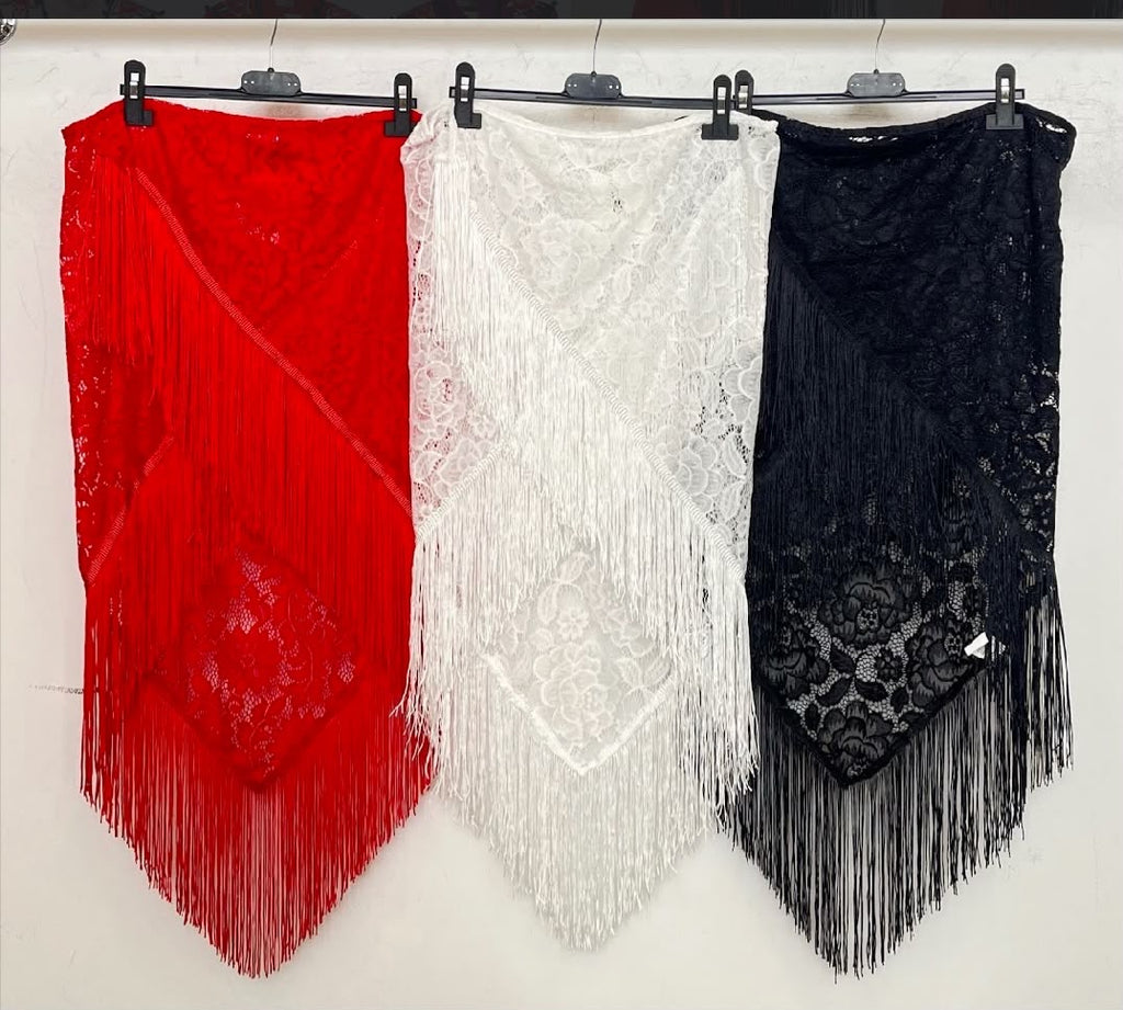 Châle Marina en dentelle florale à franges : rouge, blanc et noir – tenue de flamenco