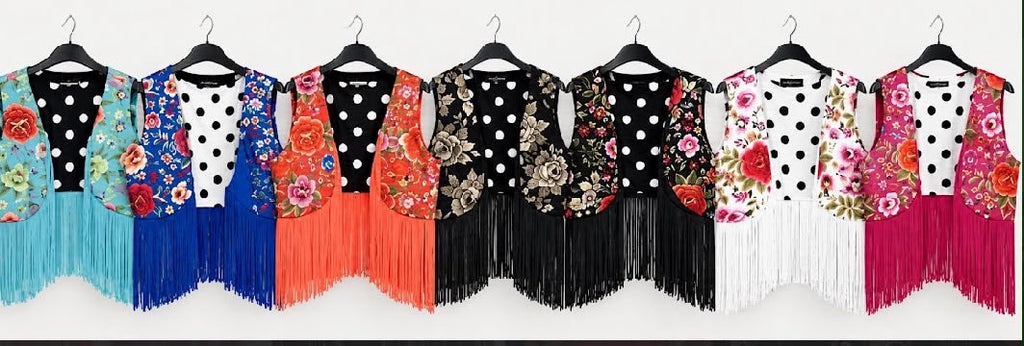 Chaleco Mónica réversible : sept coloris à fleurs et franges – tenue de flamenco