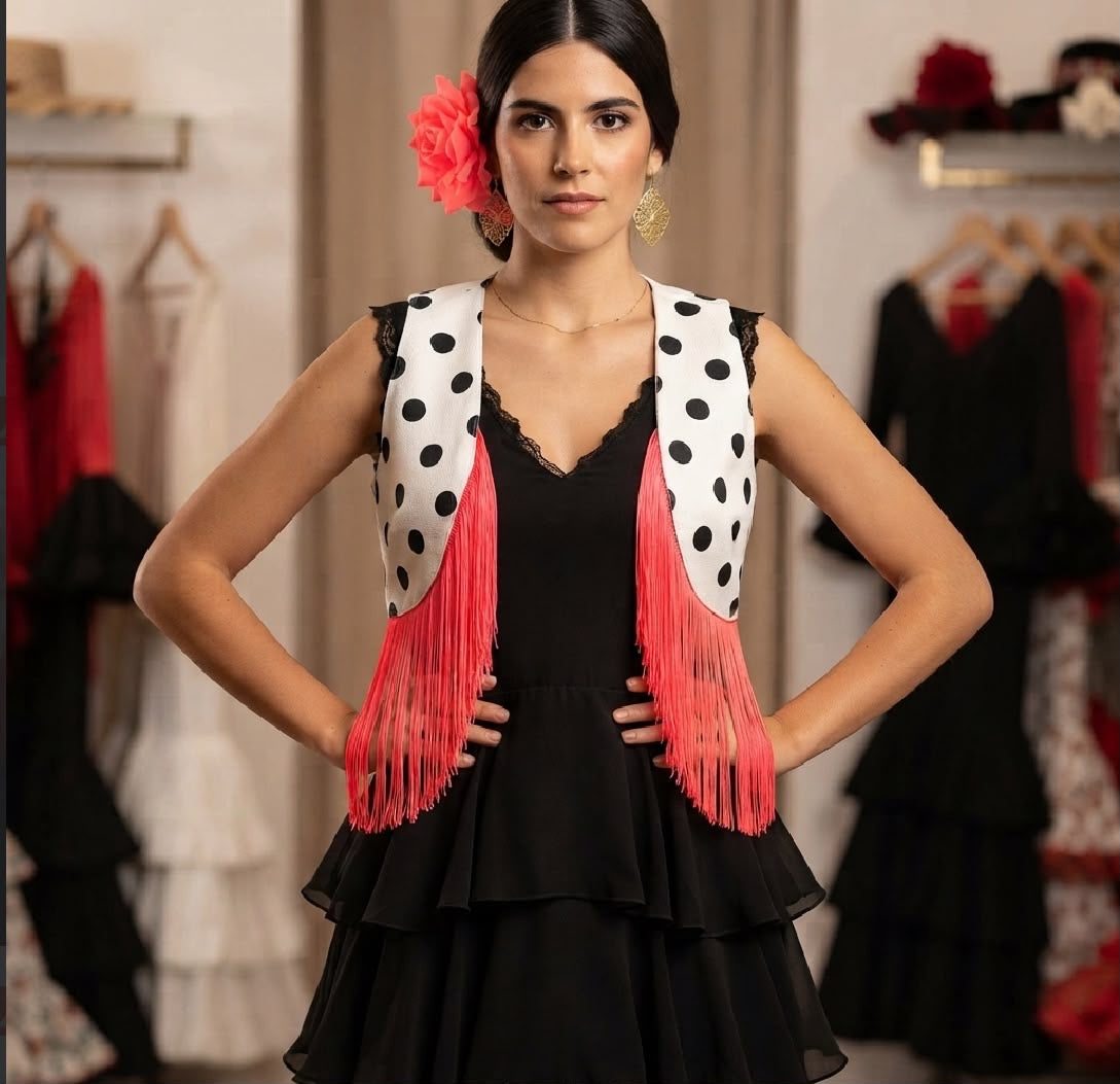Chaleco Mónica corail porté côté blanc à pois noirs – tenue de flamenco