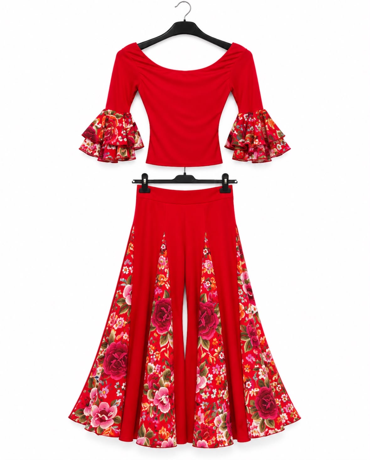 Ensemble enfant ANGELINA rouge : blouse à volants fleuris et jupe évasée à panneaux floraux – tenue de flamenco