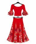 Ensemble enfant ANGELINA rouge : blouse à volants fleuris et jupe évasée à panneaux floraux – tenue de flamenco