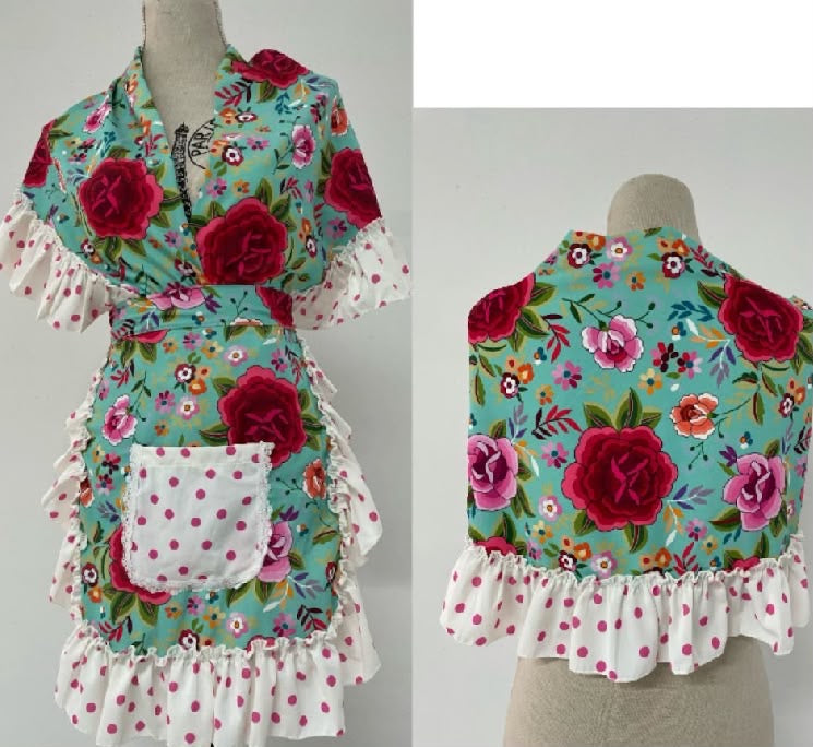 Ensemble Gabriella turquoise : tablier fleuri et châle assorti à volants à pois – tenue de flamenco