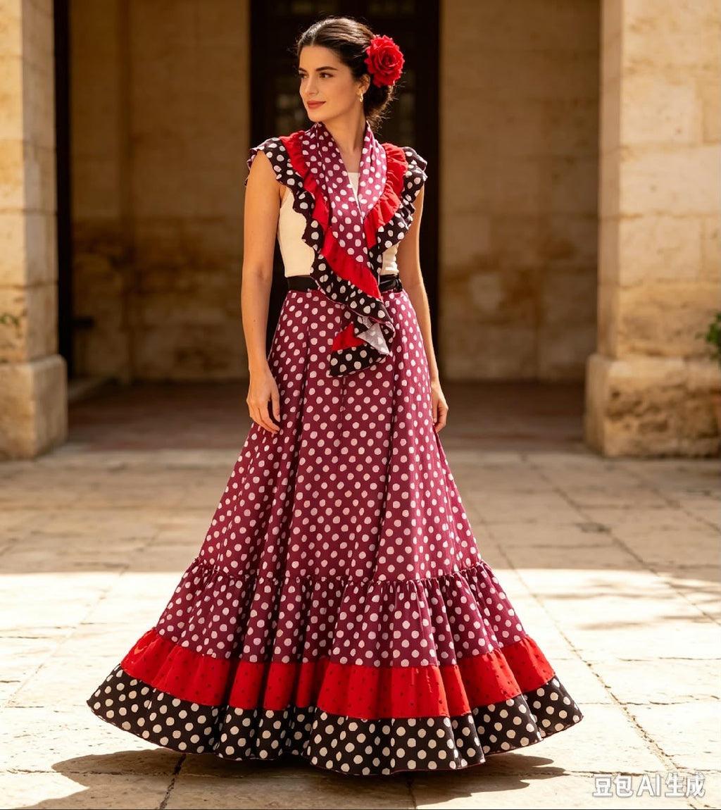 Ensemble Gloria : jupe longue à pois et châle assorti portés – tenue de flamenco