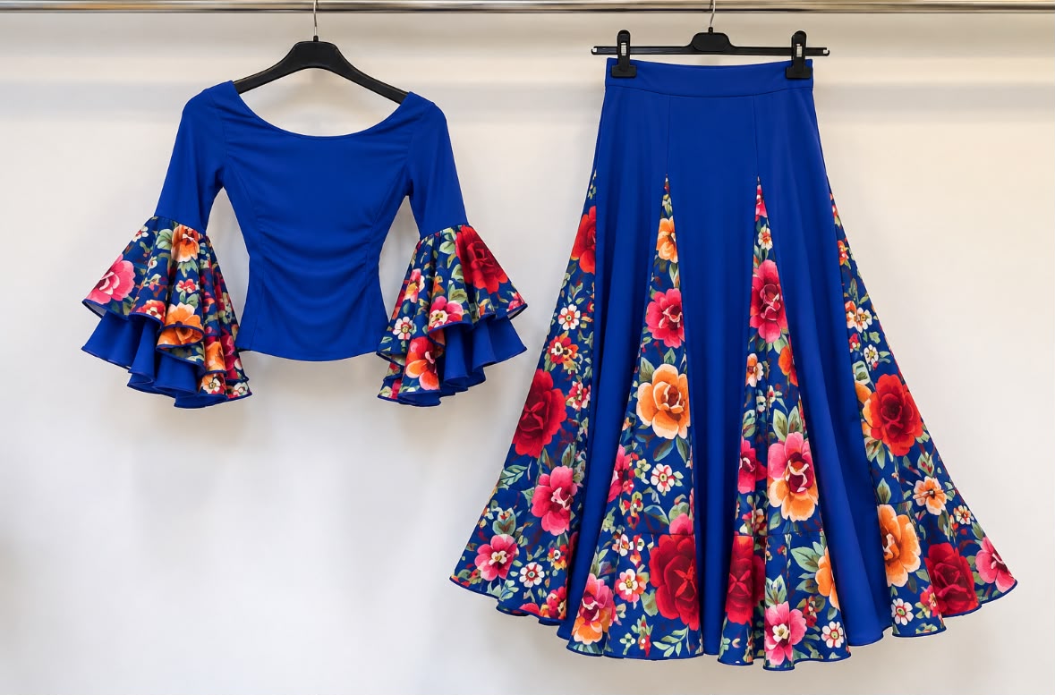 Ensemble enfant TANIA bleu : blouse à volants bleus et fleuris, jupe évasée à godets floraux multicolores – tenue de flamenco