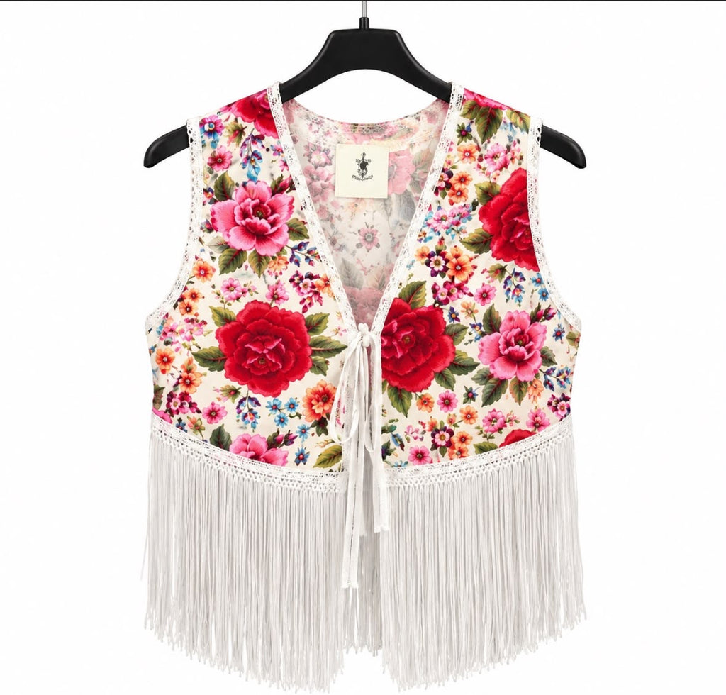 Gilet MANUELA blanc à fleurs multicolores et longues franges blanches – tenue de flamenco