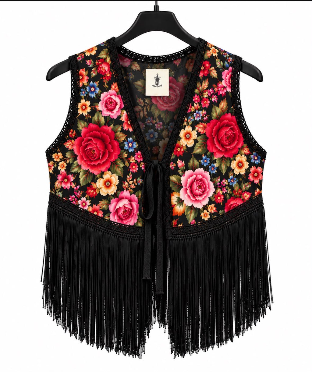 Gilet MANUELA noir à fleurs colorées et longues franges noires – tenue de flamenco