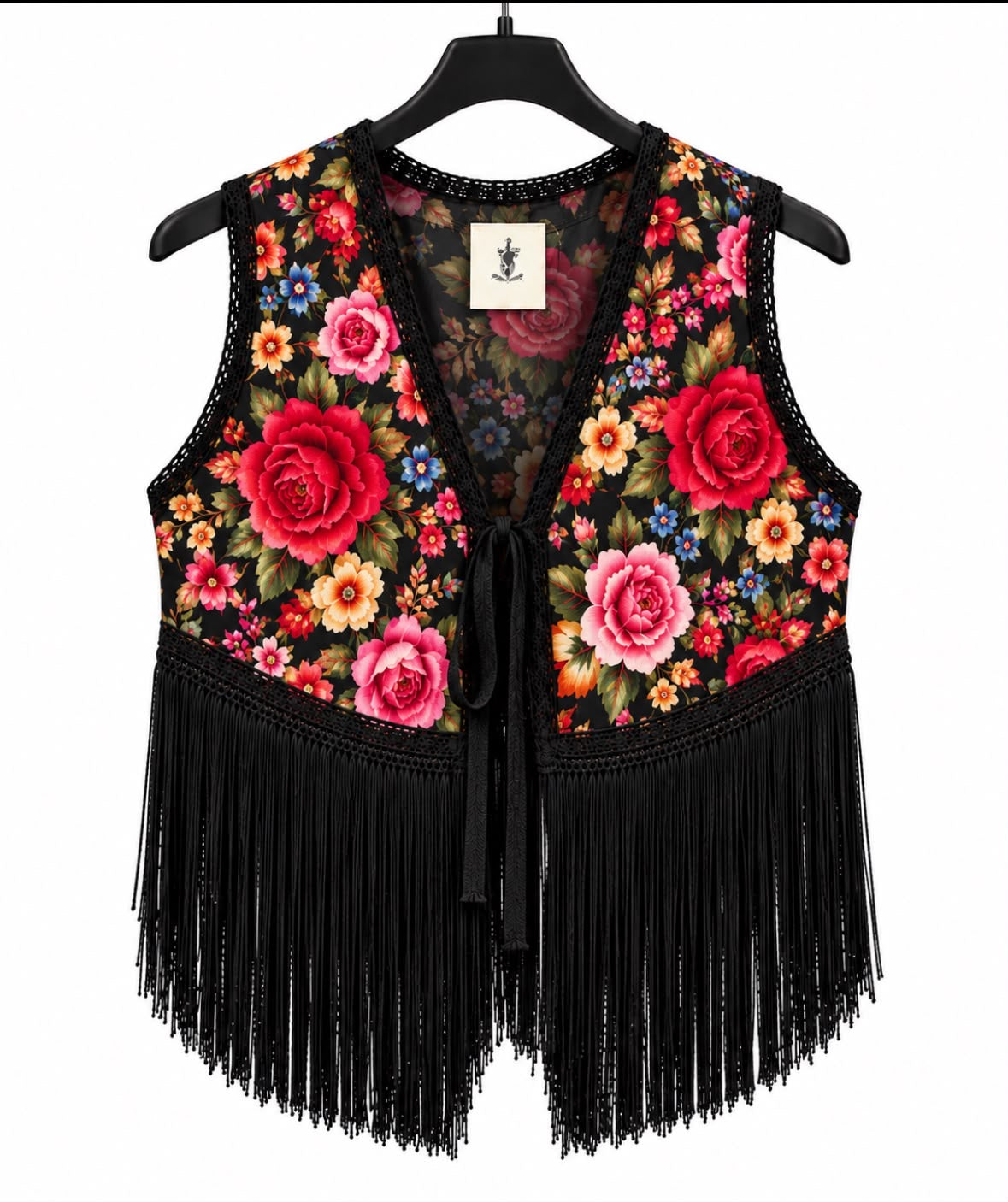 Gilet MANUELA noir à fleurs colorées et longues franges noires – tenue de flamenco