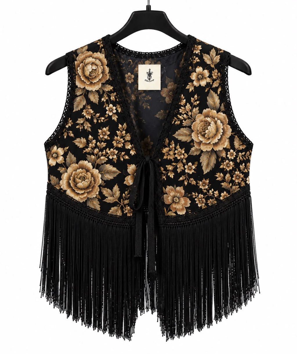 Gilet MANUELA noir à fleurs dorées et longues franges noires – tenue de flamenco