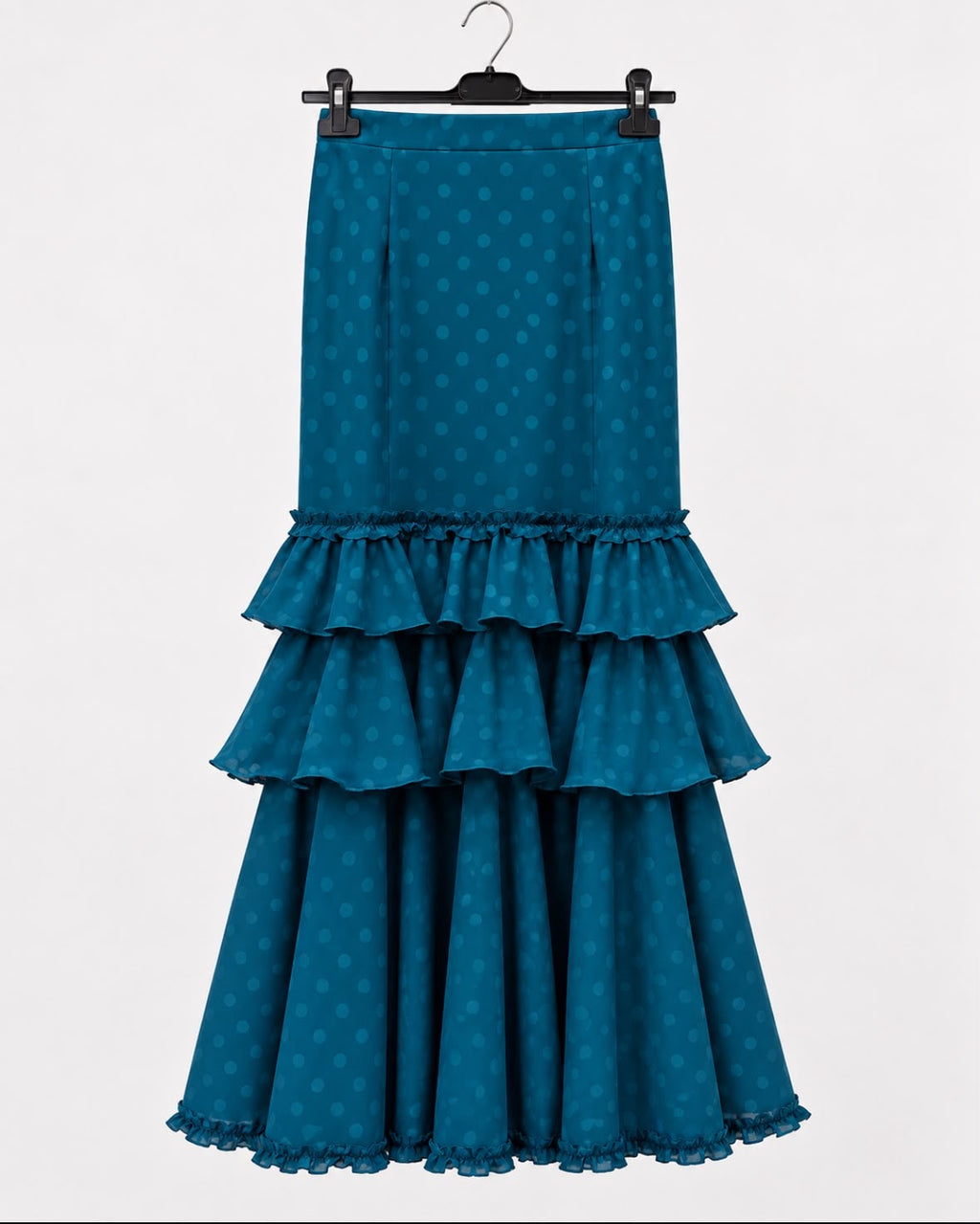 Jupe Natalia bleu pétrole à pois ton sur ton et volants – tenue de flamenco