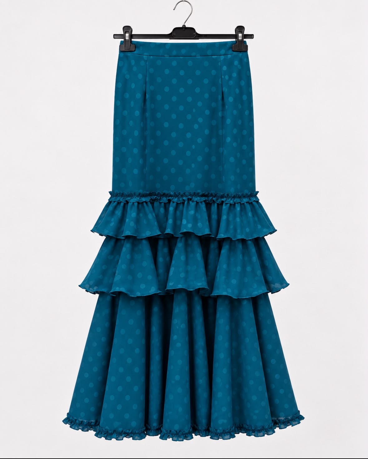 Jupe Natalia bleu pétrole à pois ton sur ton et volants – tenue de flamenco
