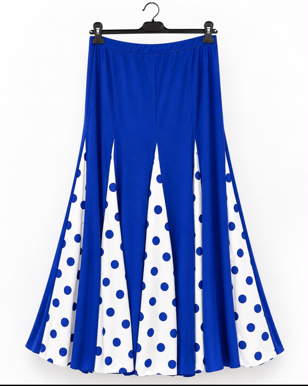 Jupe Raquel bleu électrique, longue à godets imprimés – tenue de flamenco