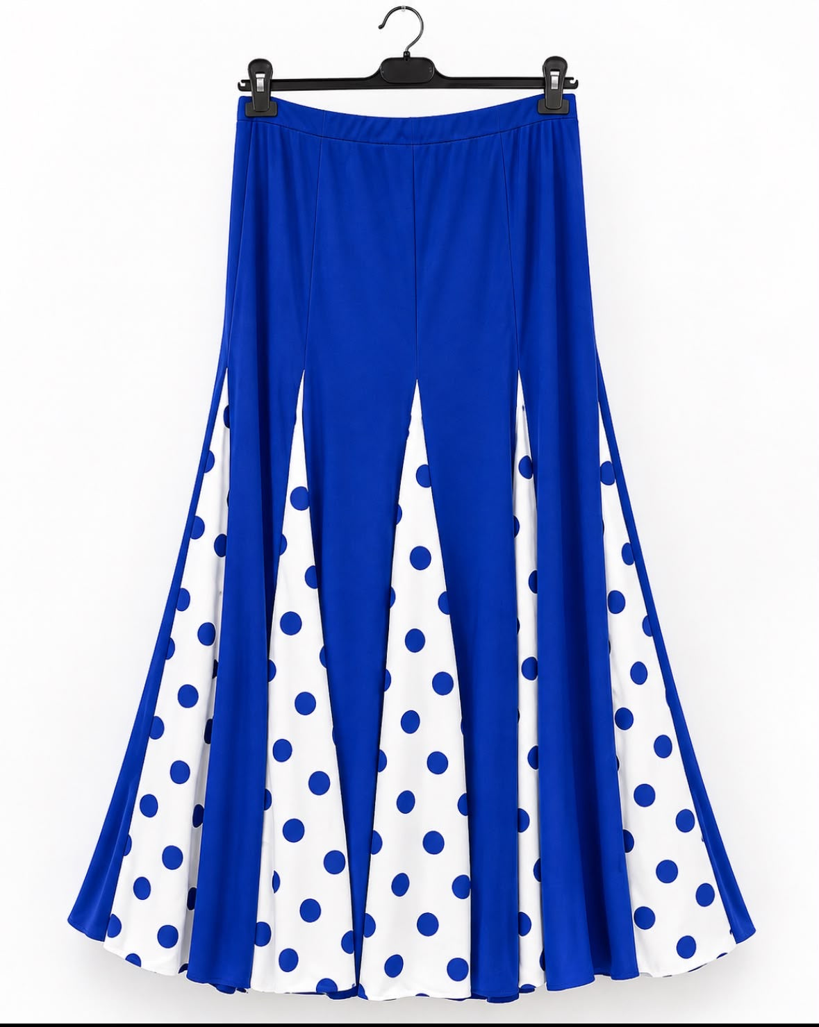 Jupe Raquel bleu électrique, longue à godets imprimés – tenue de flamenco
