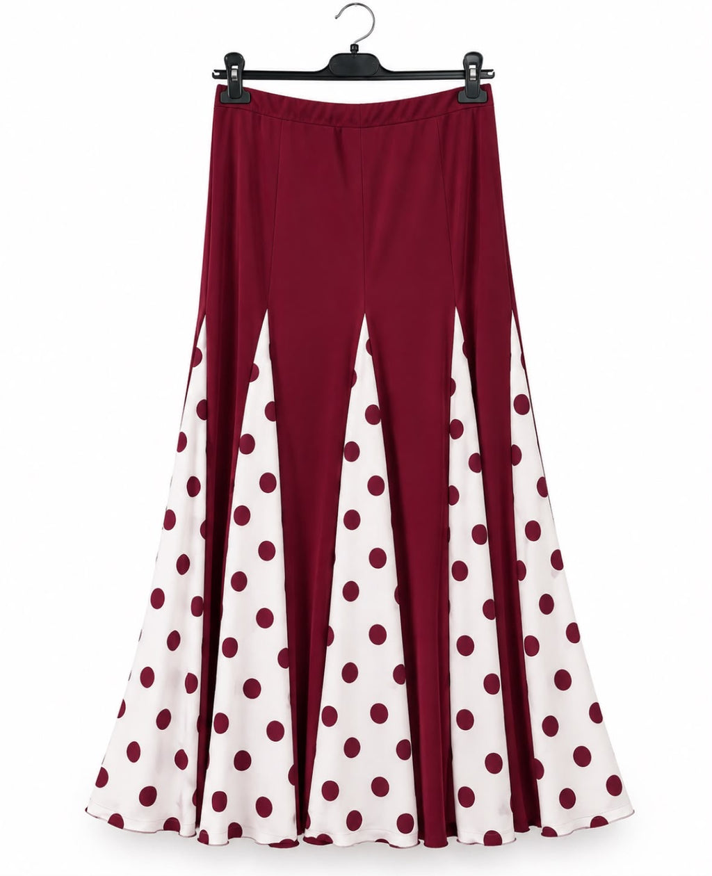 Jupe Raquel bordeaux, longue à godets imprimés – tenue de flamenco