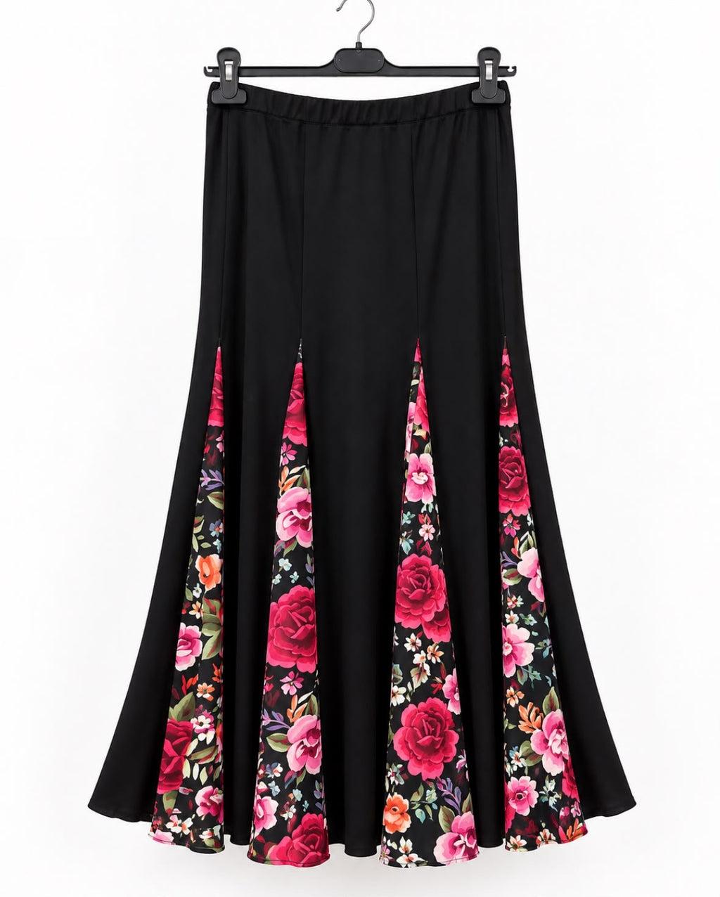 Jupe Raquel noir fleuri, longue à godets imprimés – tenue de flamenco