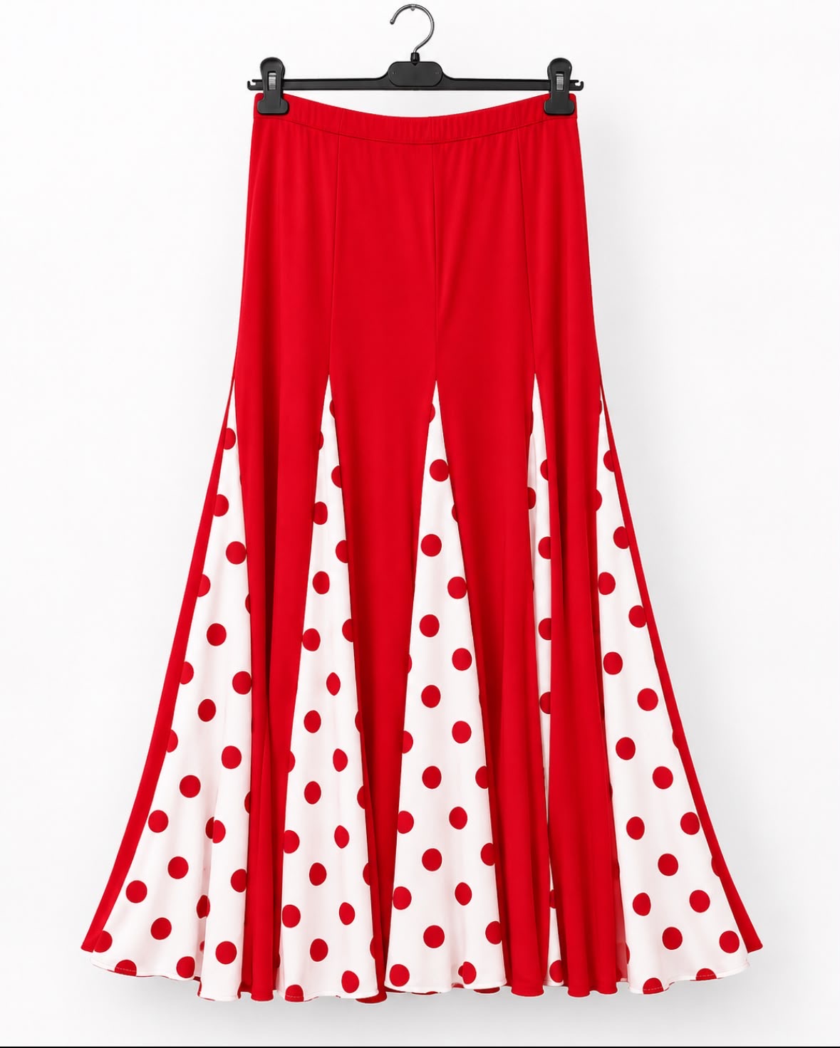 Jupe Raquel rouge, longue à godets imprimés – tenue de flamenco