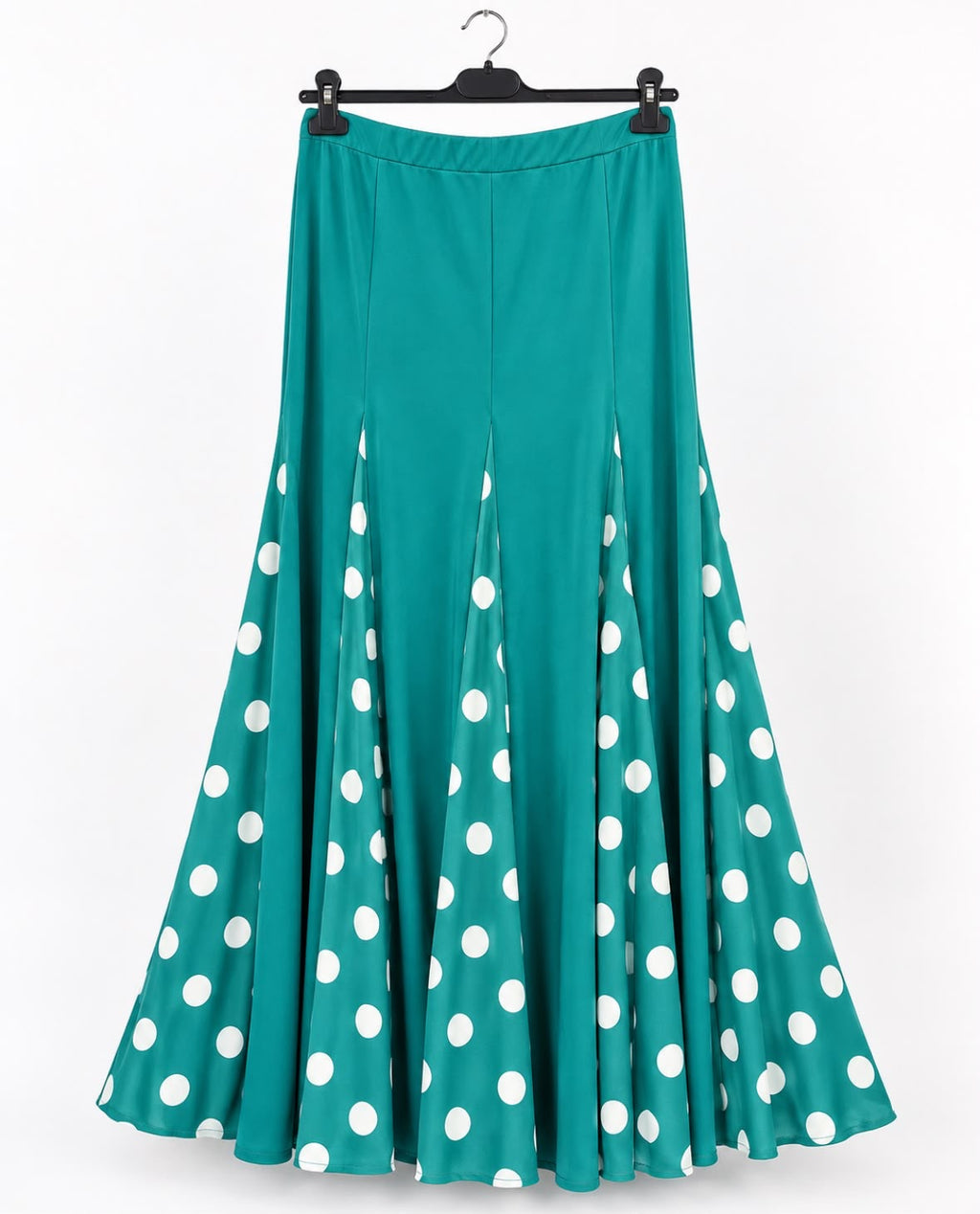 Jupe Raquel turquoise, longue à godets imprimés – tenue de flamenco