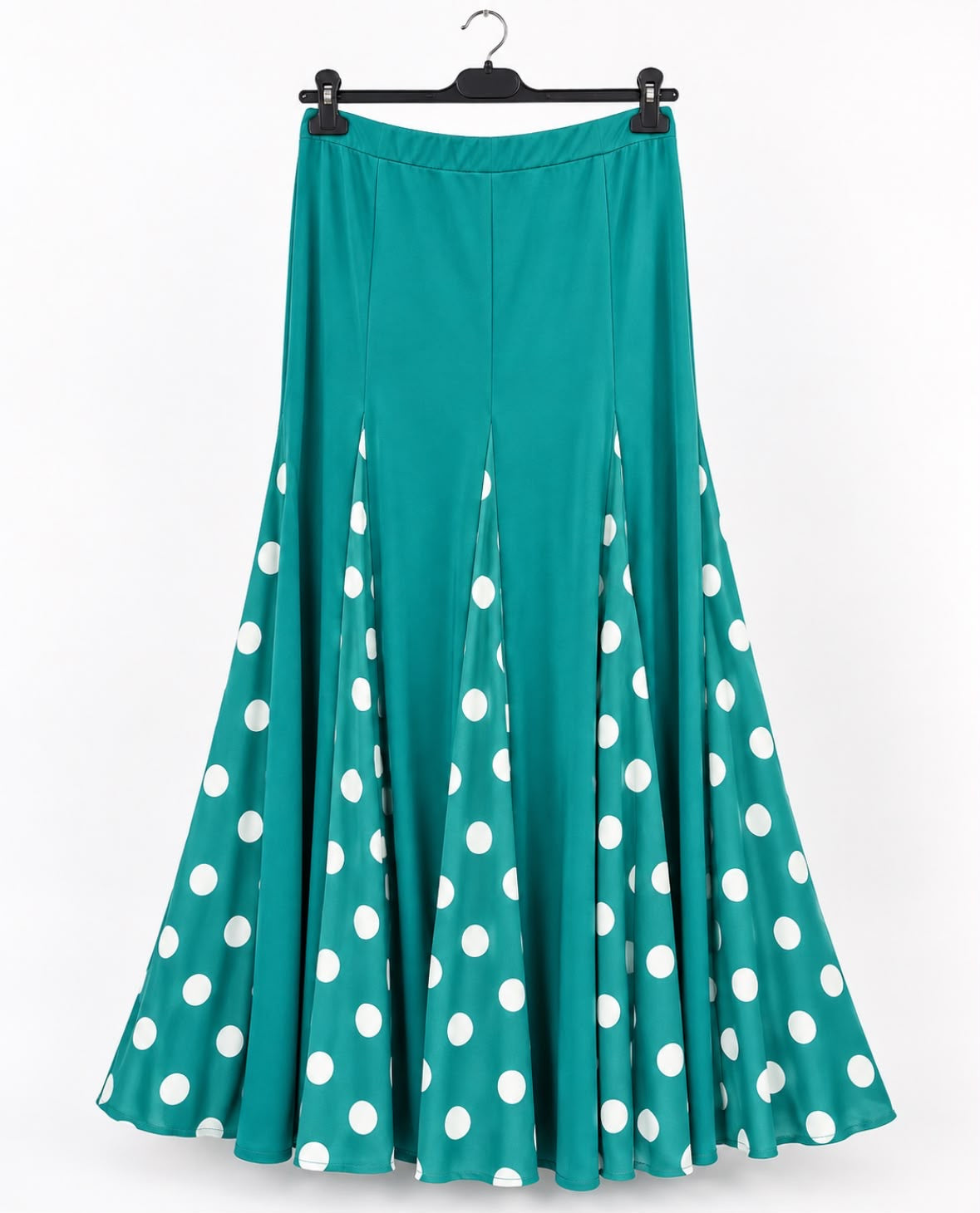 Jupe Raquel turquoise, longue à godets imprimés – tenue de flamenco