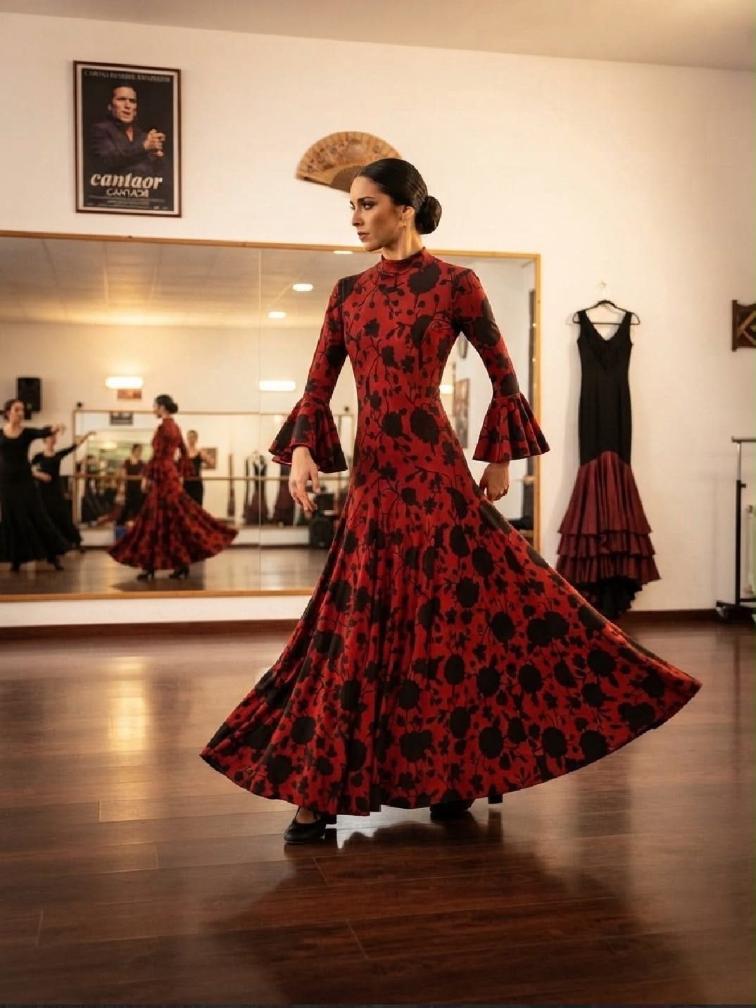 Robe LOLA rouge portée en mouvement dans un studio de danse – tenue de flamenco