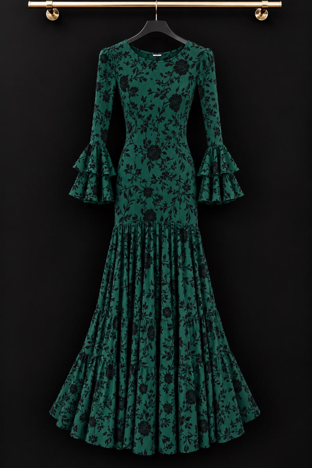 Robe LOLA vert émeraude à motifs floraux noirs – tenue de flamenco