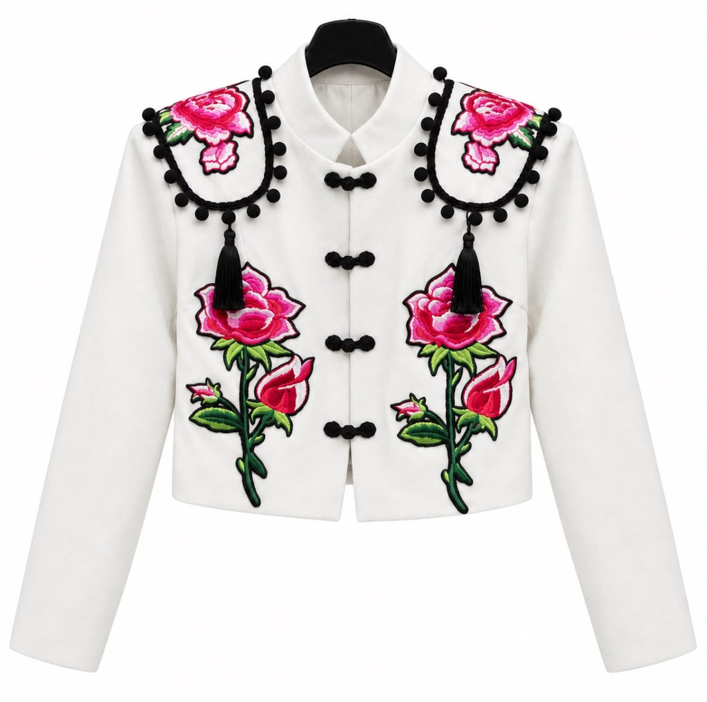 Torera AMALIA blanche à motifs floraux et ornements noirs – tenue de flamenco
