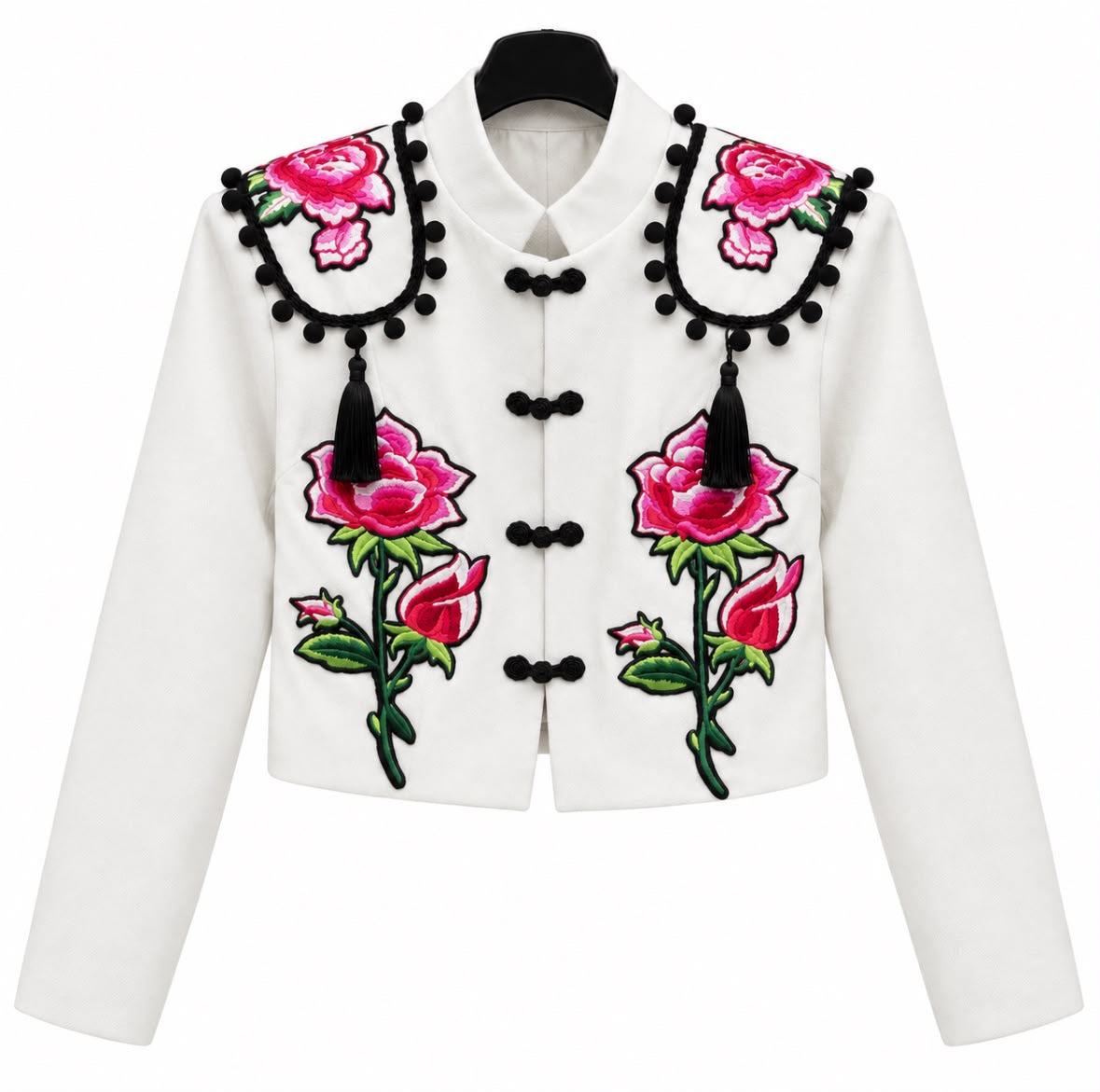 Torera AMALIA blanche à motifs floraux et ornements noirs – tenue de flamenco