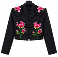 Torera AMALIA noire à motifs de roses roses, feuillage vert et glands noirs – tenue de flamenco