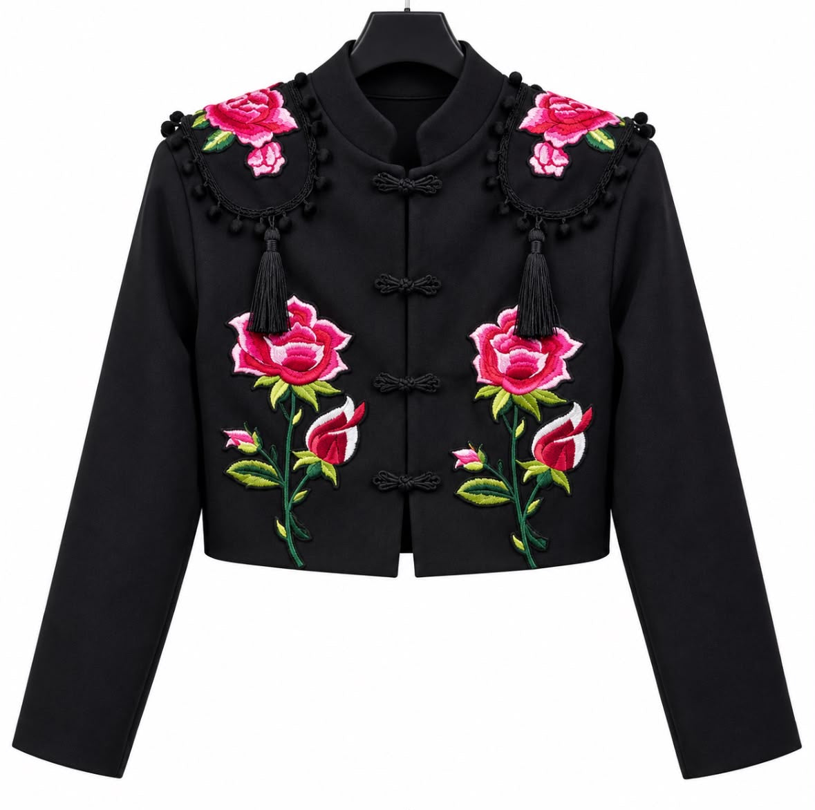 Torera AMALIA noire à motifs de roses roses, feuillage vert et glands noirs – tenue de flamenco