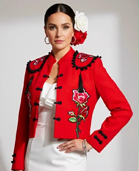 Torera AMALIA rouge portée sur une tenue blanche – tenue de flamenco