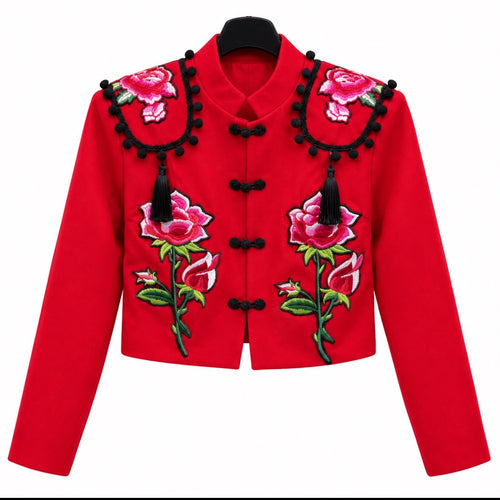 Torera AMALIA rouge à motifs floraux et ornements noirs – tenue de flamenco