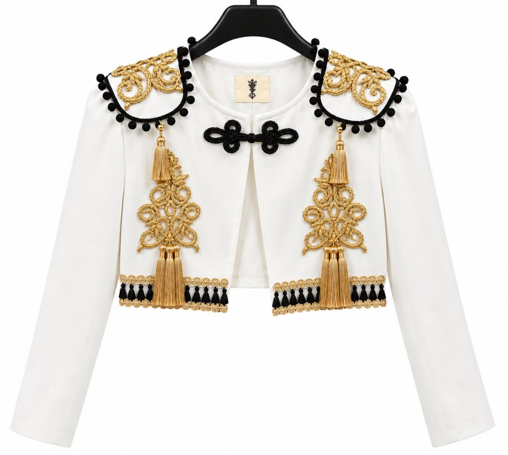 Torera TRIANA blanche avec ornements dorés et bordures noires – tenue de flamenco