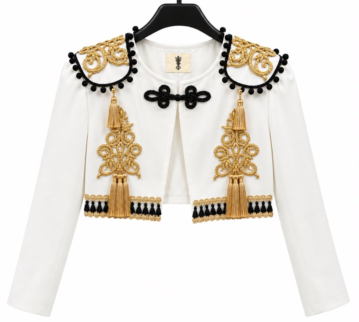 Torera TRIANA blanche avec ornements dorés et bordures noires – tenue de flamenco