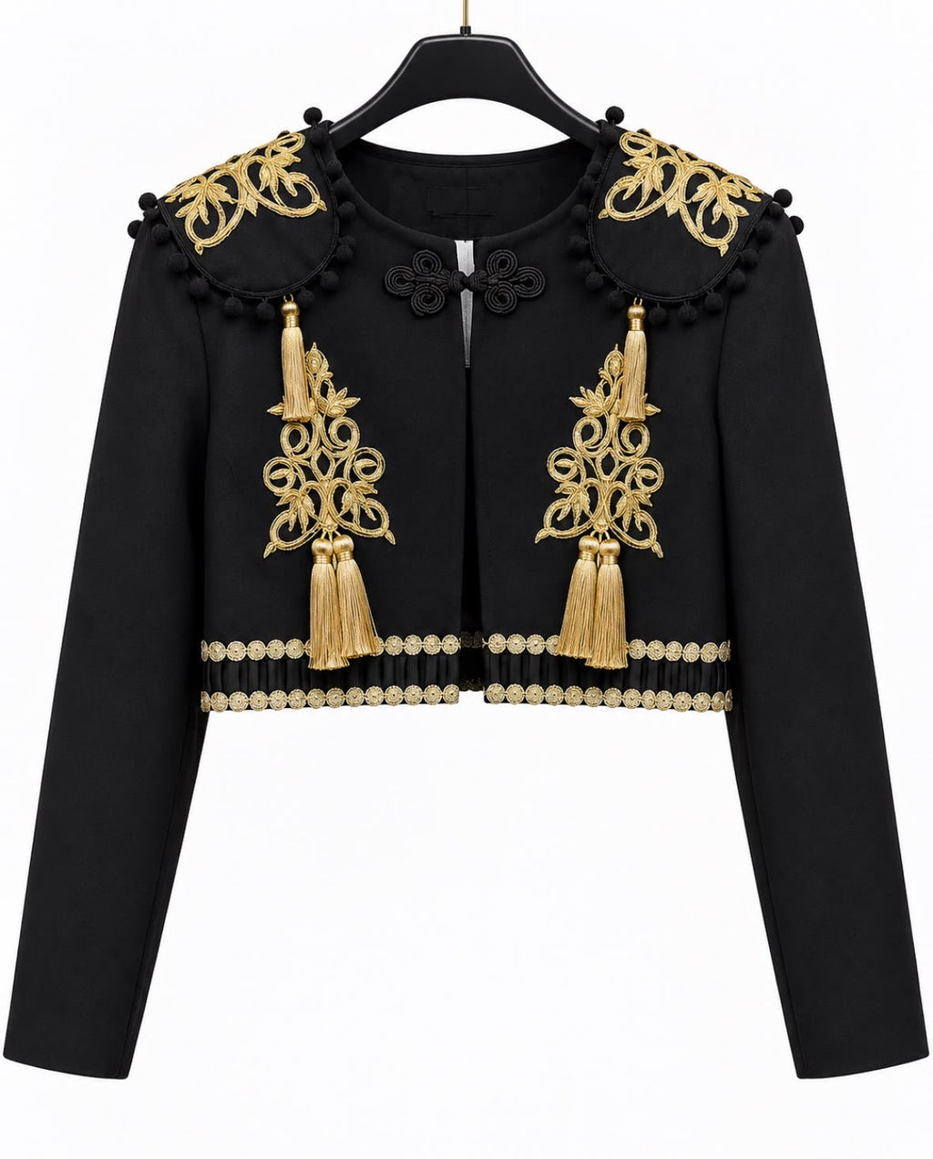 Torera TRIANA noire avec ornements et glands dorés – tenue de flamenco