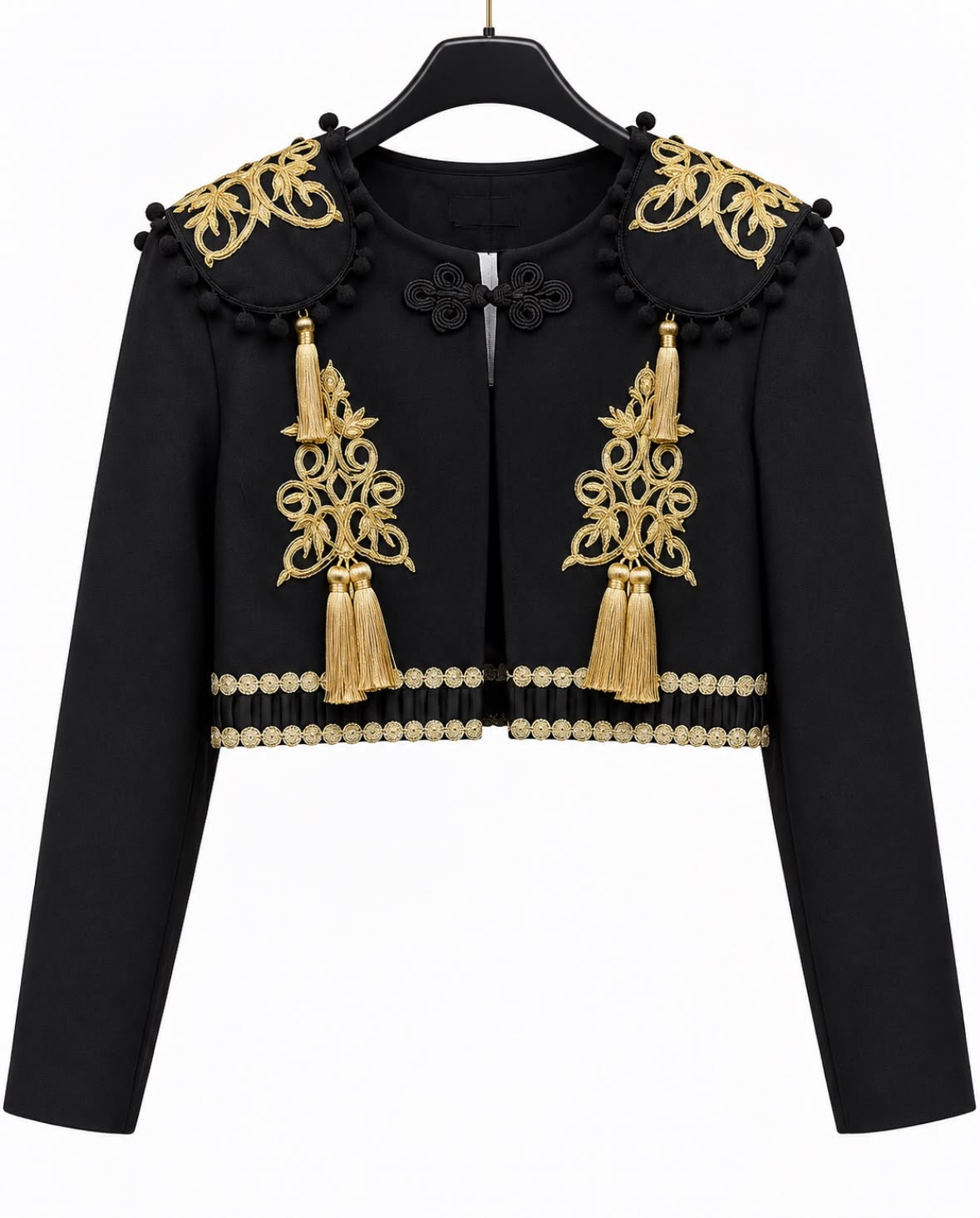 Torera TRIANA noire avec ornements et glands dorés – tenue de flamenco