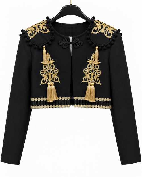 Torera TRIANA noire avec ornements et glands dorés – tenue de flamenco