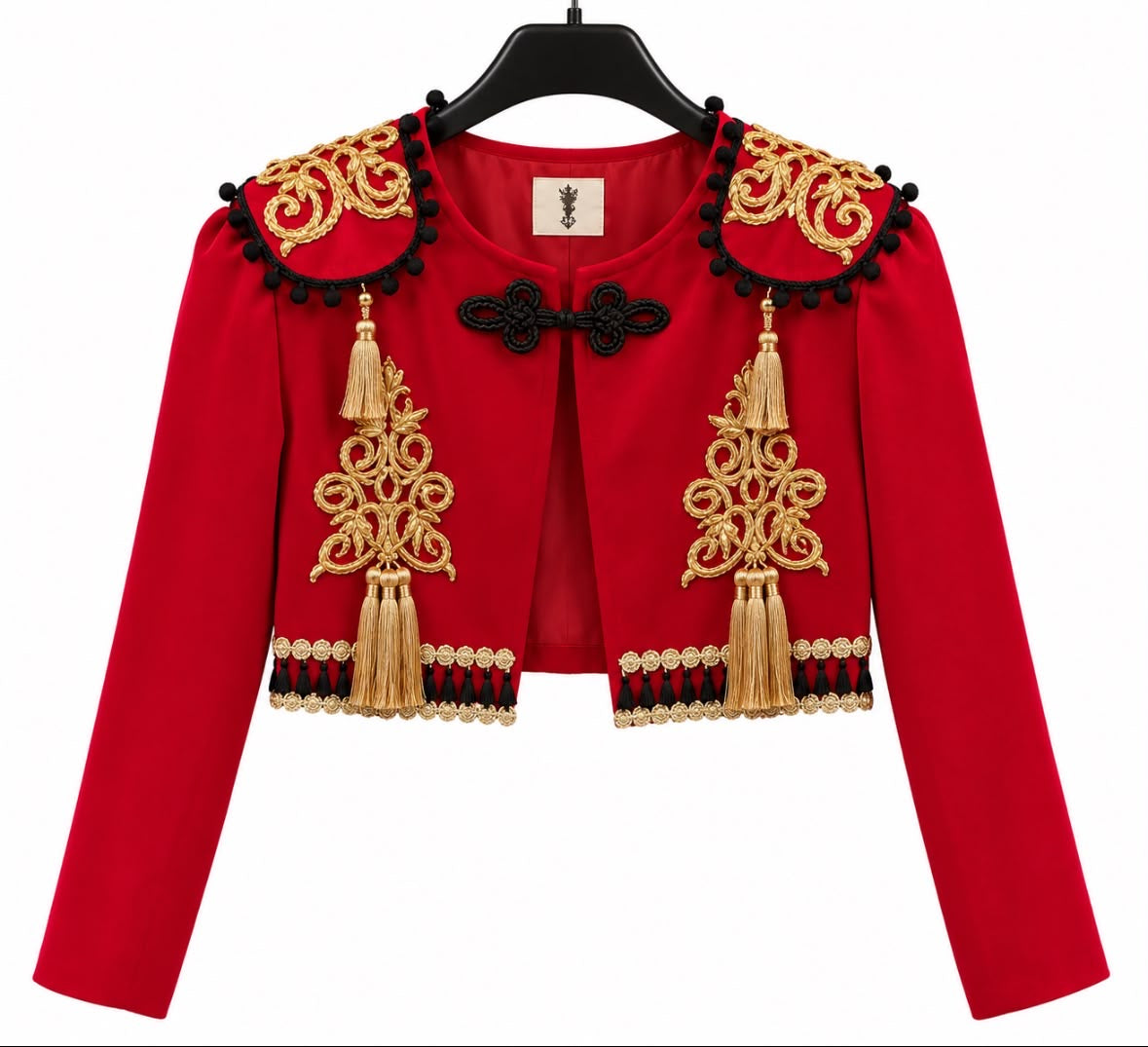 Torera TRIANA rouge avec ornements et glands dorés – tenue de flamenco